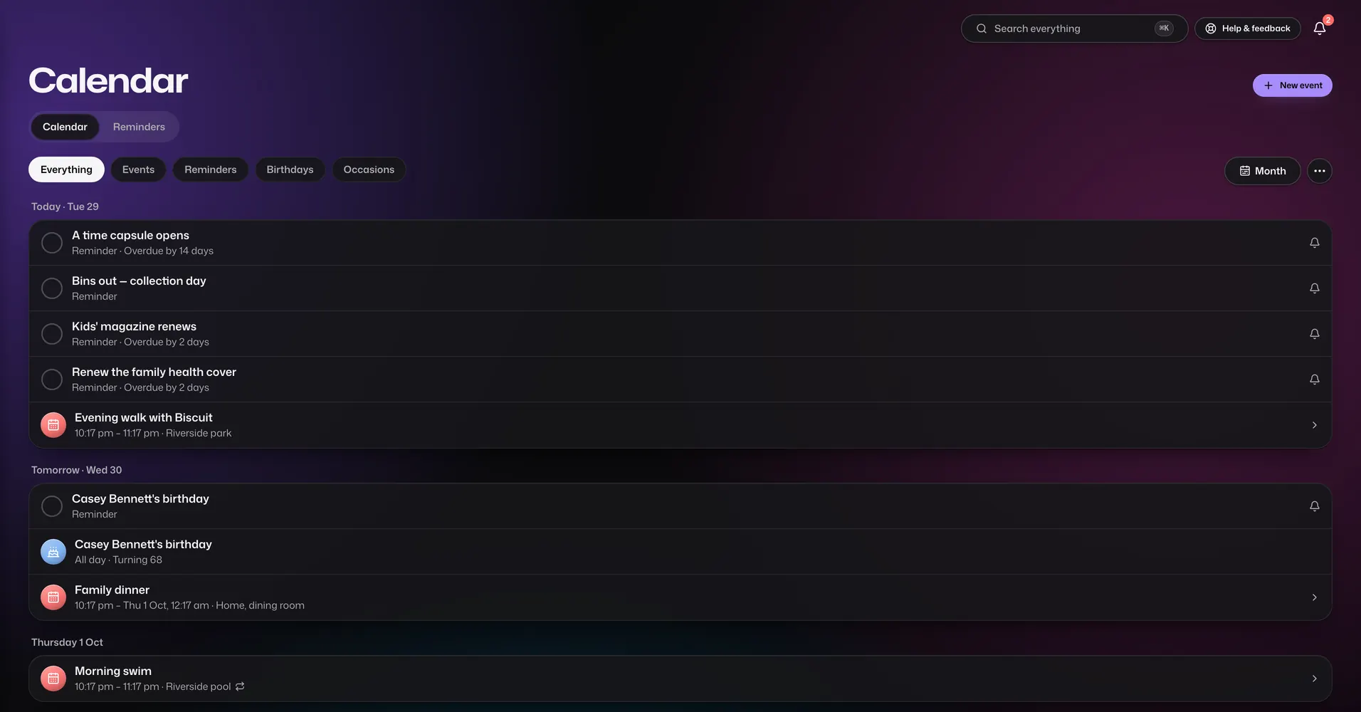 The Calendar app in Vault For Us, screenshotted from the demo family.