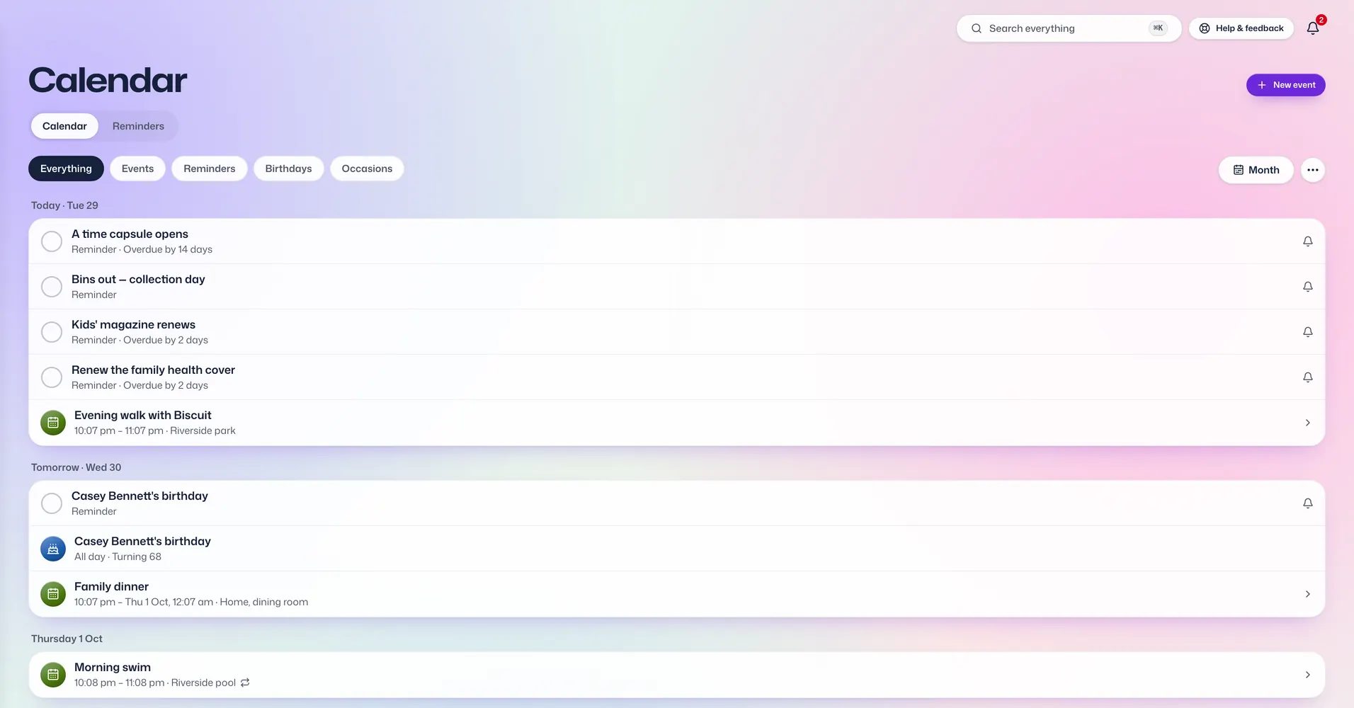 The Calendar app in Vault For Us, screenshotted from the demo family.