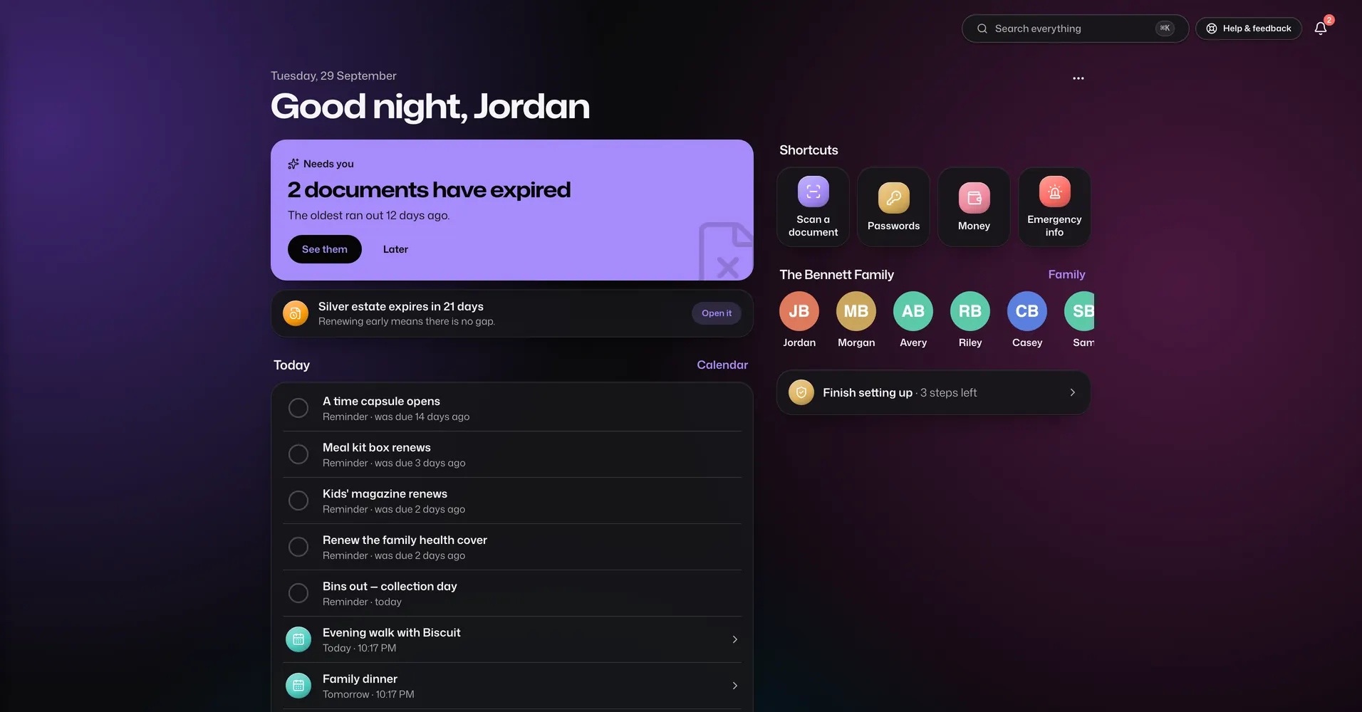 The Dashboard app in Vault For Us, screenshotted from the demo family.