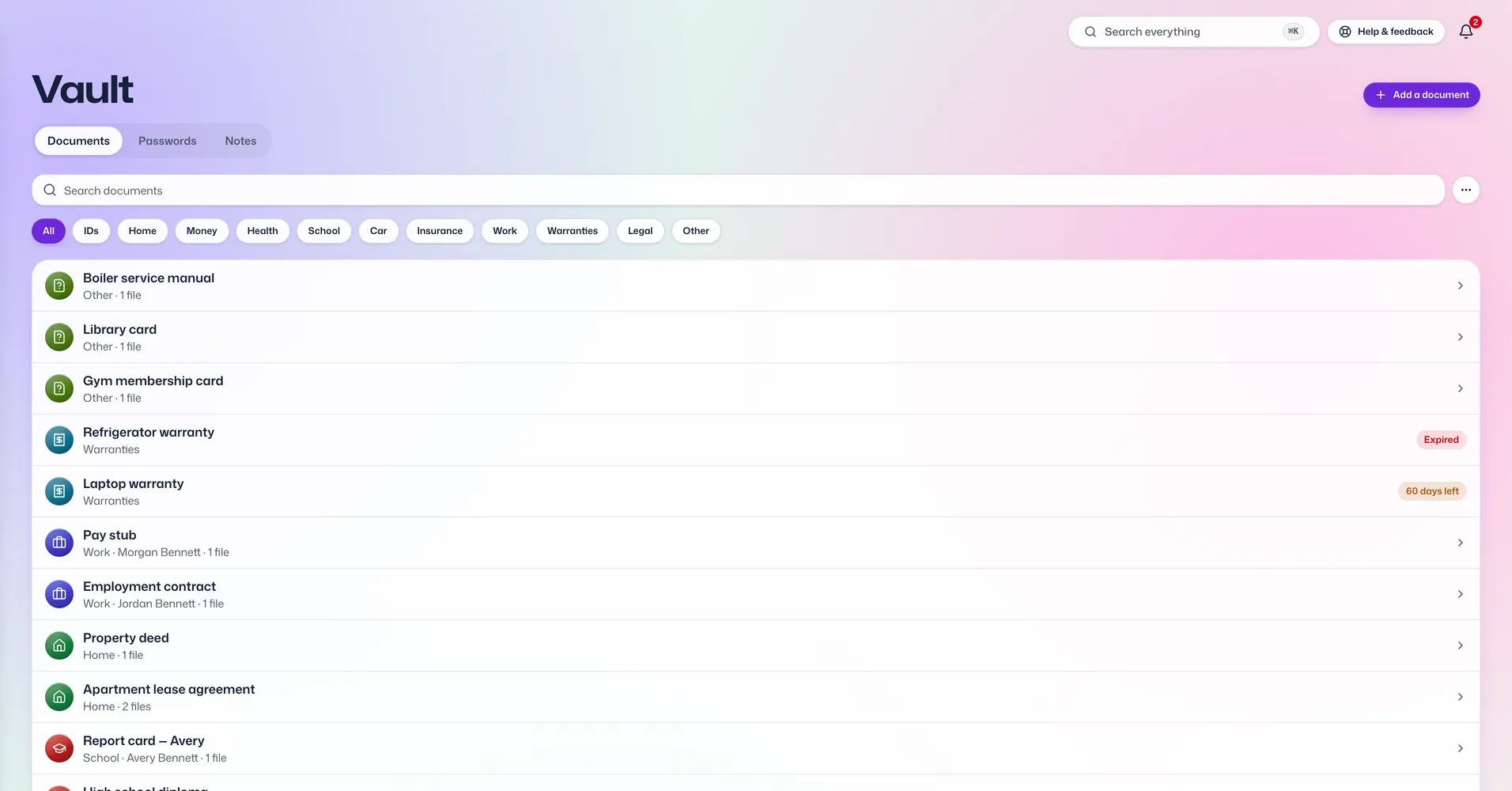 The Documents app in Vault For Us, screenshotted from the demo family.