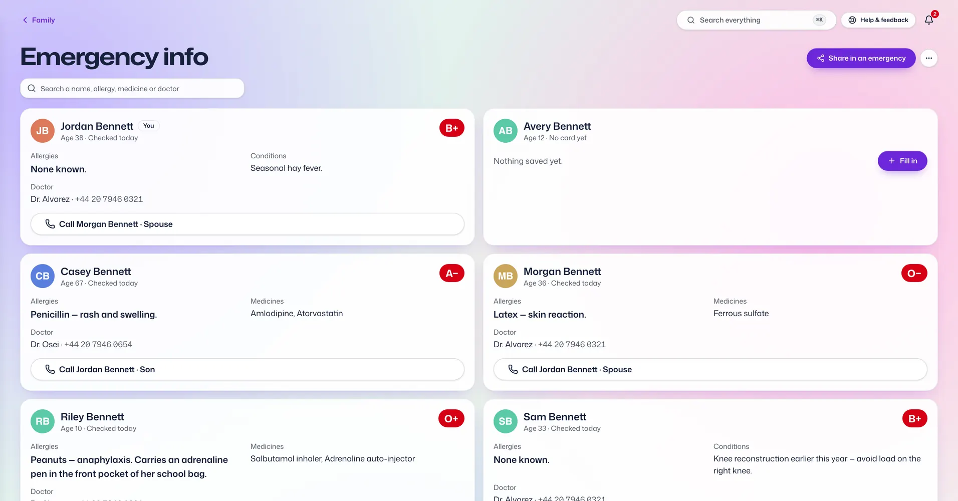 The Emergency Info app in Vault For Us, screenshotted from the demo family.