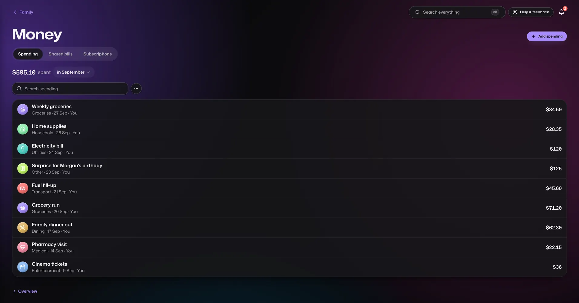 The Expenses app in Vault For Us, screenshotted from the demo family.