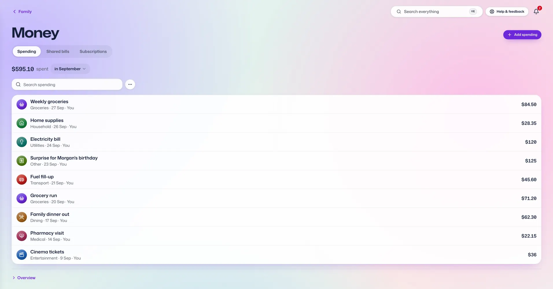 The Expenses app in Vault For Us, screenshotted from the demo family.