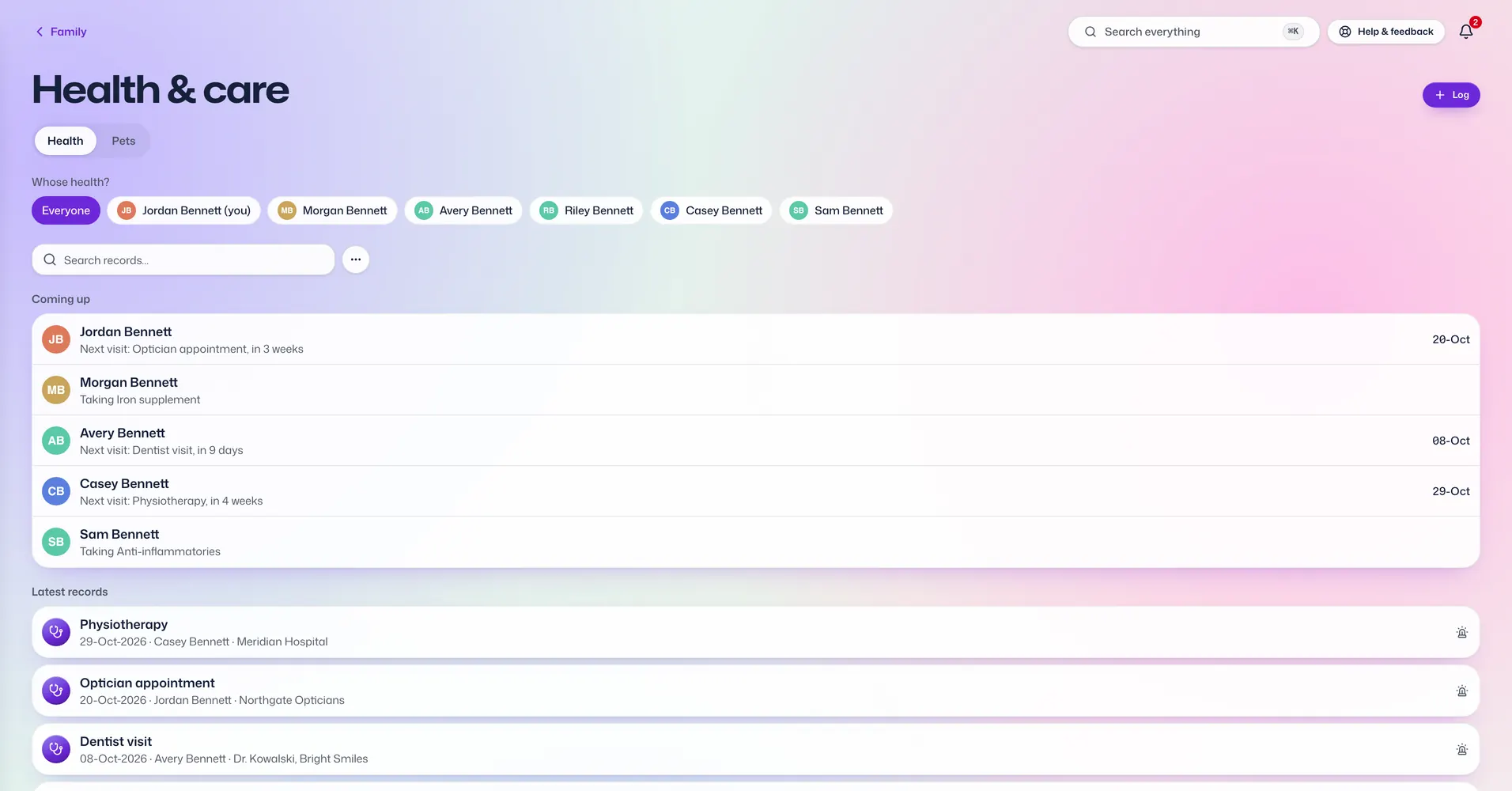 The Health app in Vault For Us, screenshotted from the demo family.