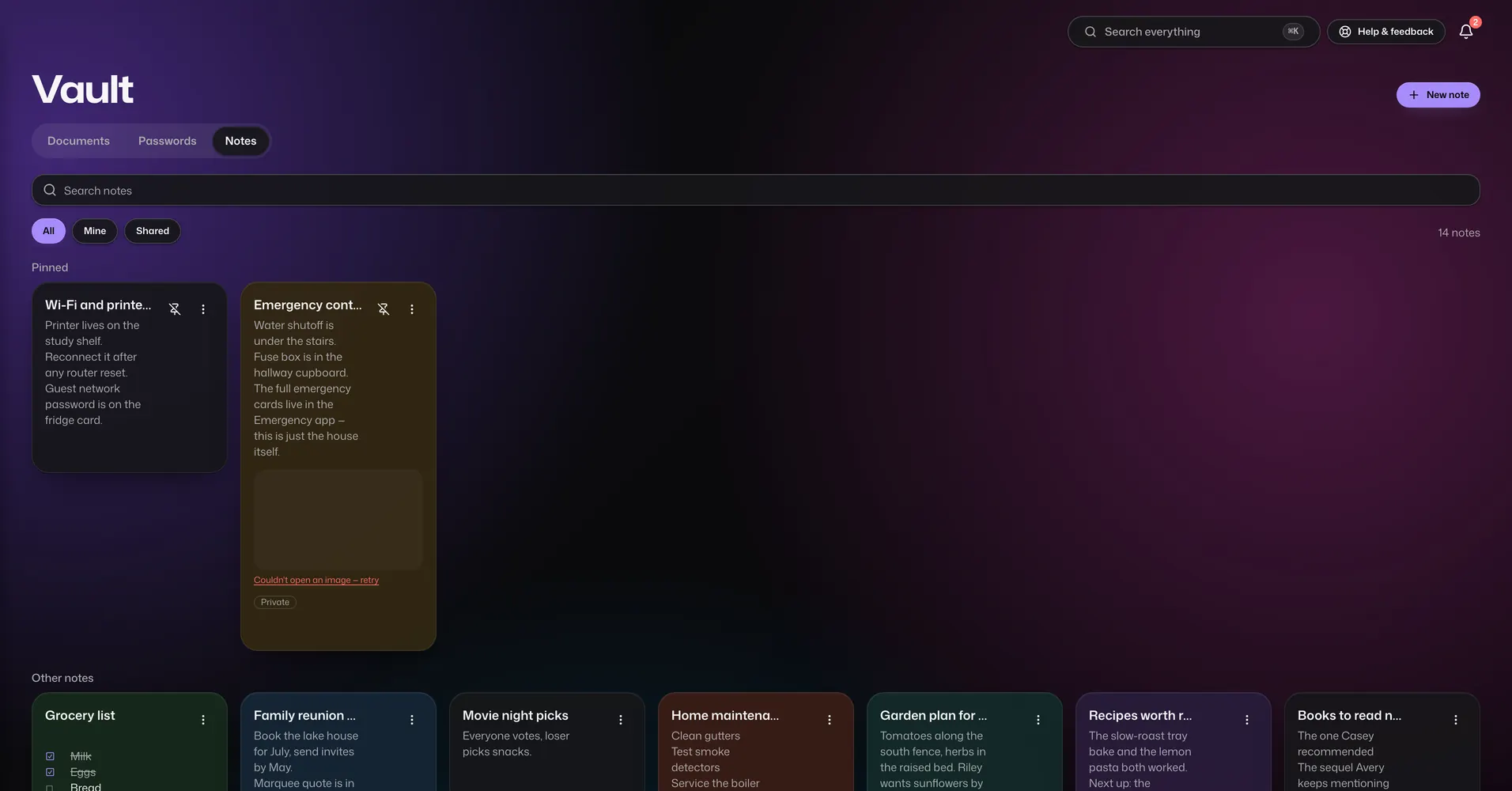 The Notes app in Vault For Us, screenshotted from the demo family.