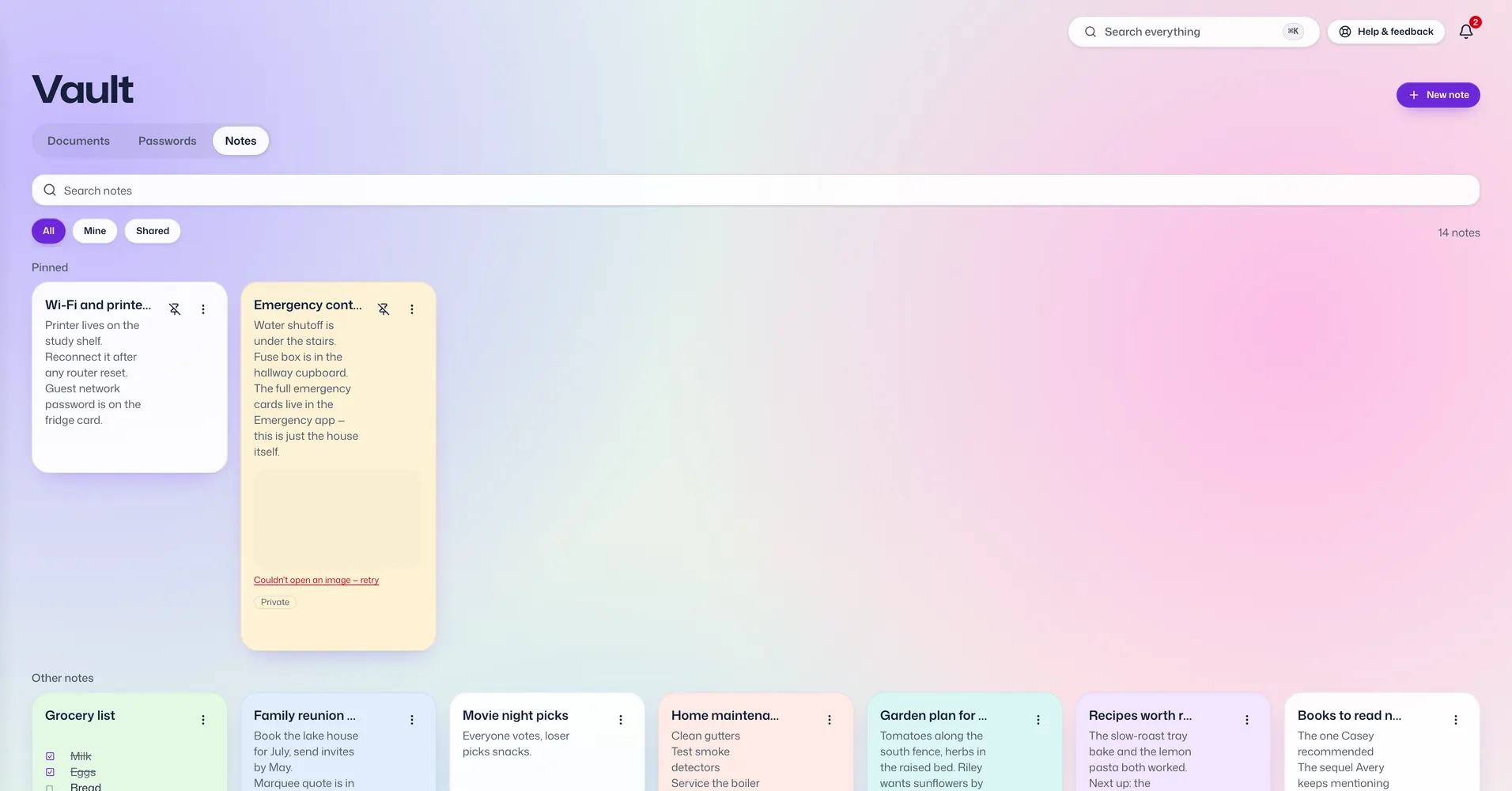 The Notes app in Vault For Us, screenshotted from the demo family.