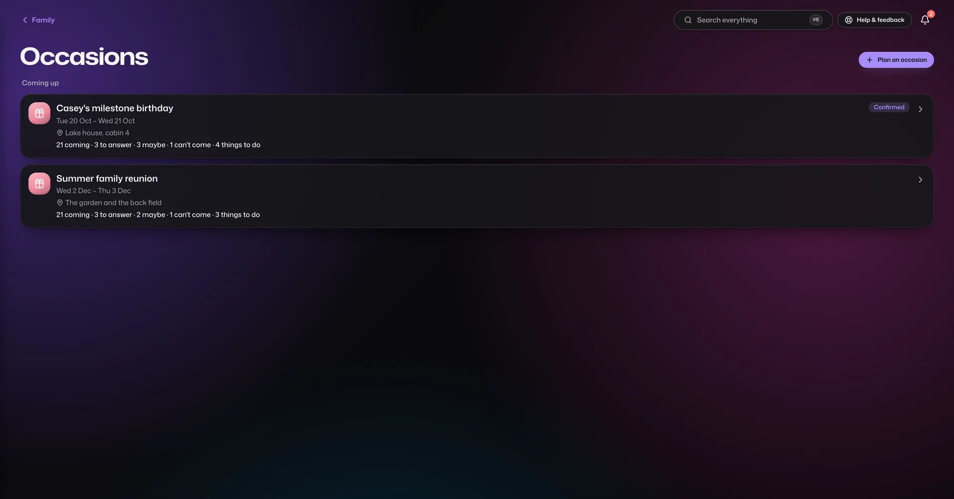 The Occasions app in Vault For Us, screenshotted from the demo family.