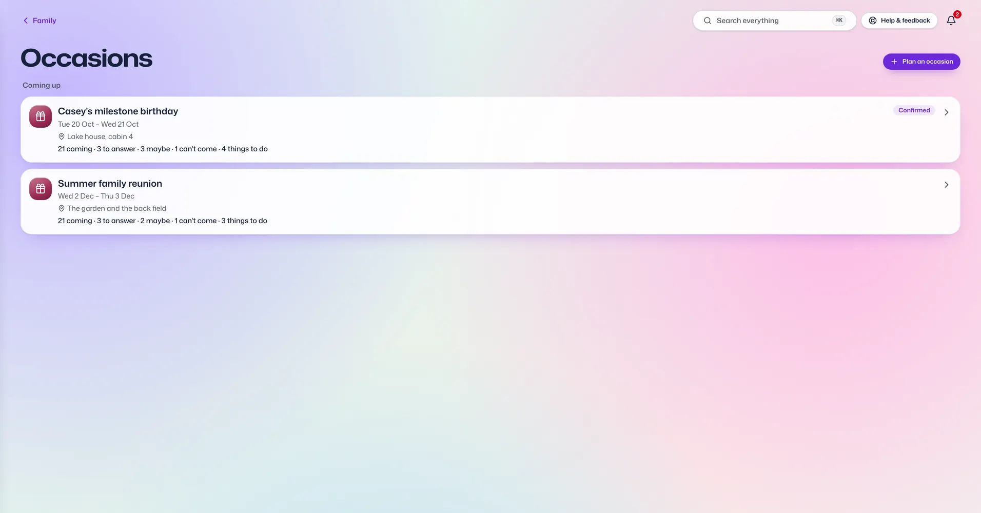 The Occasions app in Vault For Us, screenshotted from the demo family.