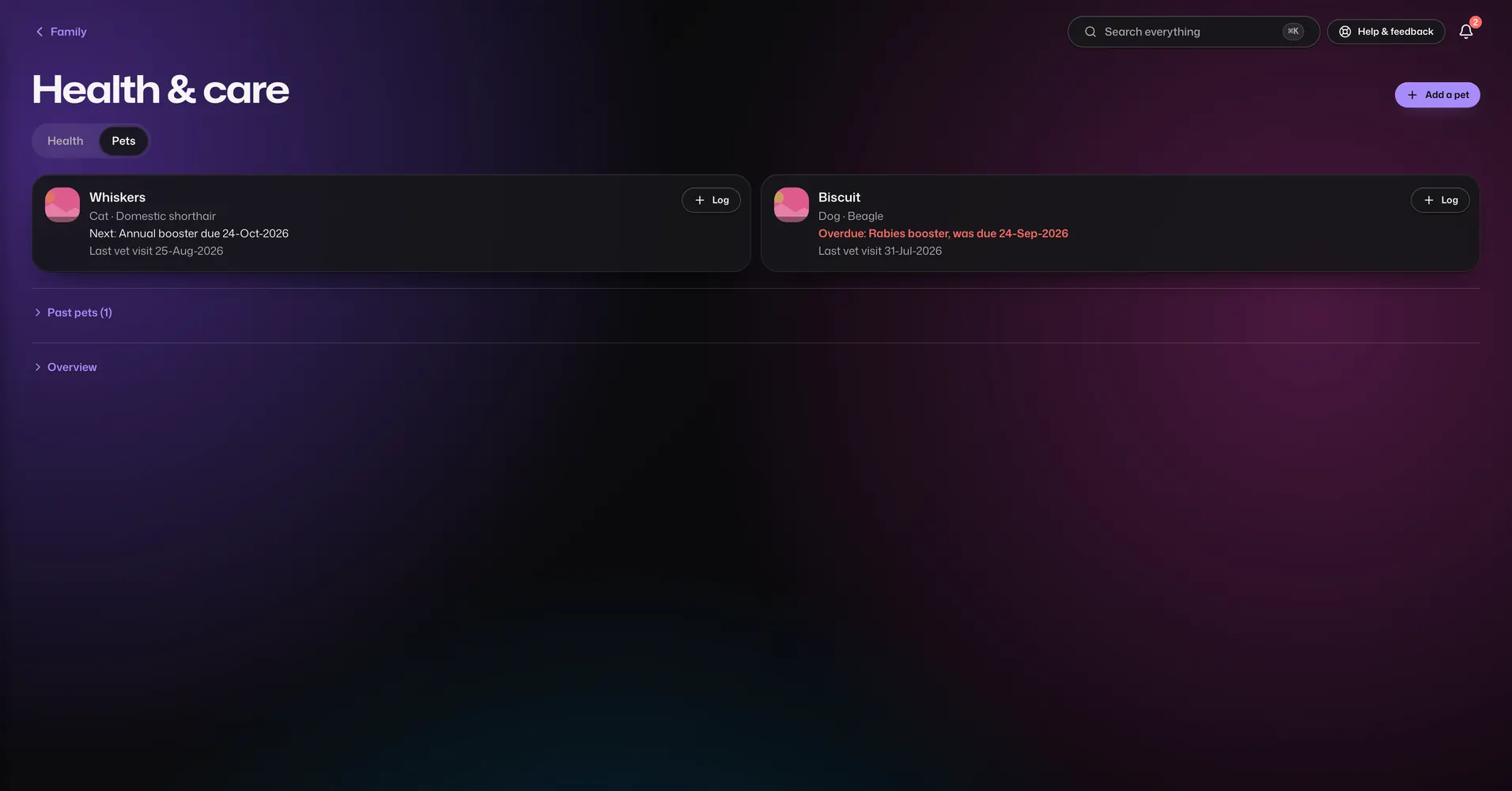 The Pets app in Vault For Us, screenshotted from the demo family.