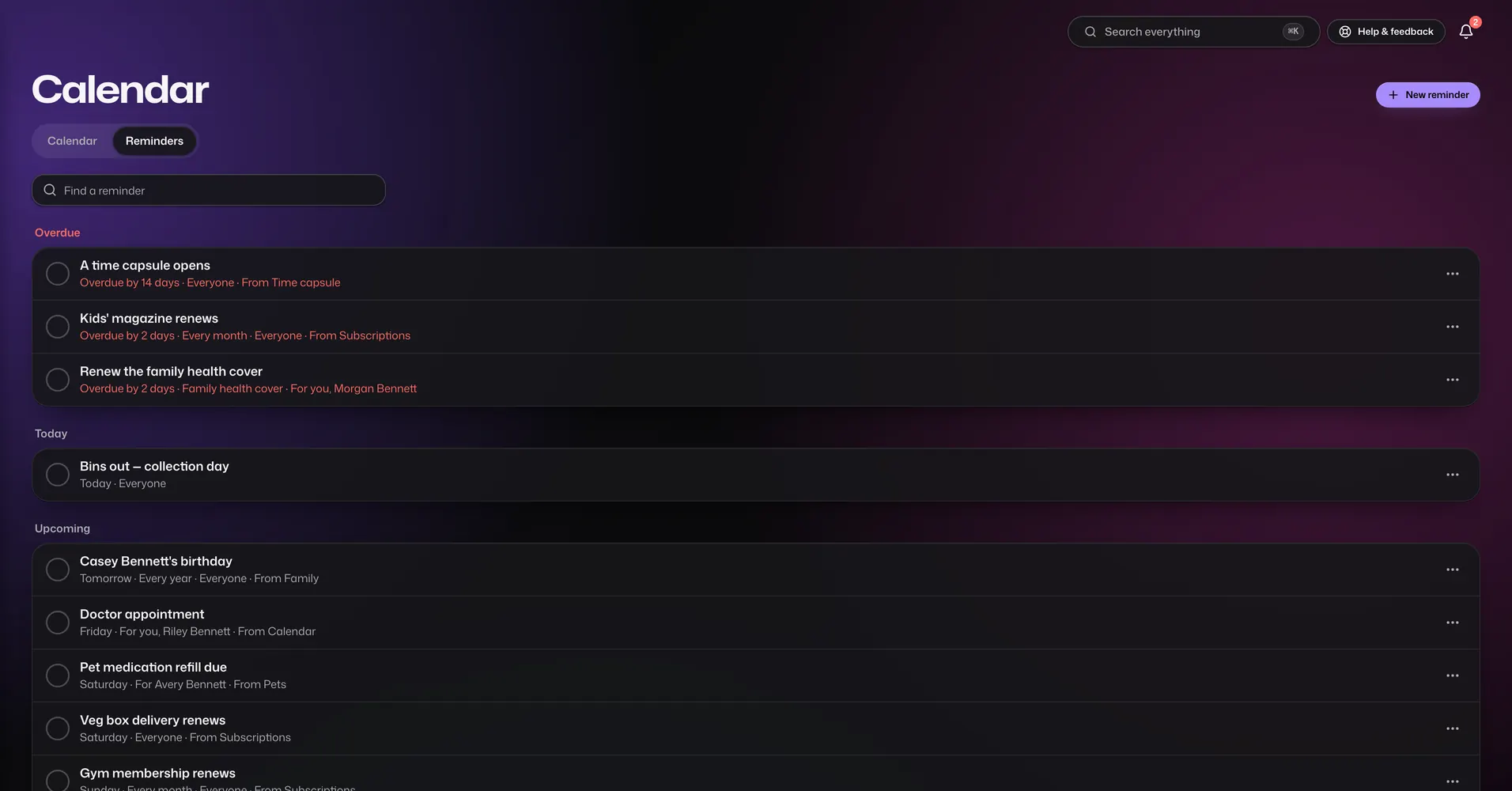 The Reminders app in Vault For Us, screenshotted from the demo family.
