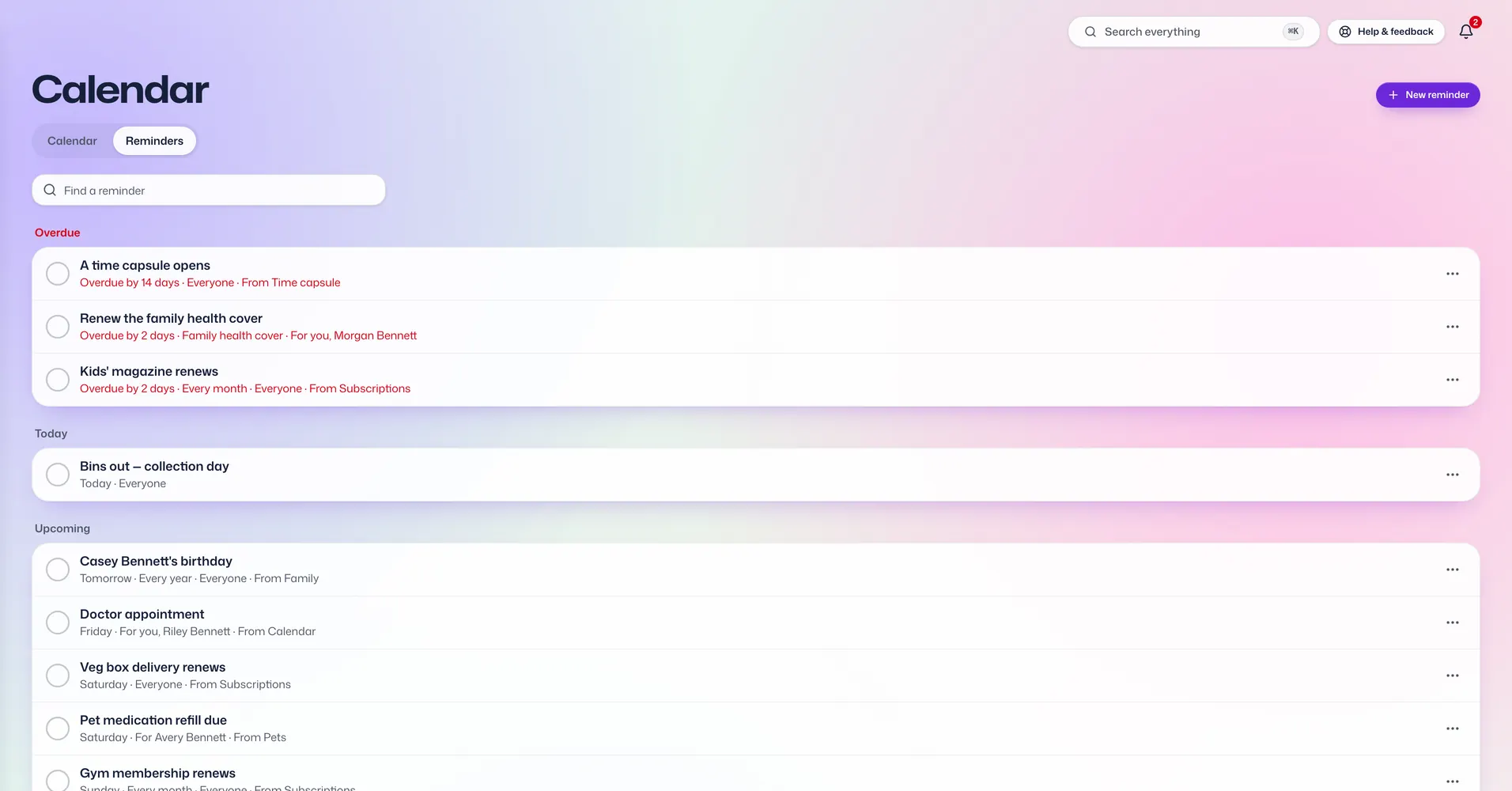 The Reminders app in Vault For Us, screenshotted from the demo family.