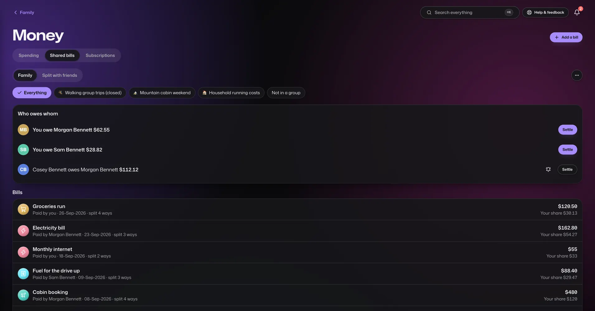 The Shared bills app in Vault For Us, screenshotted from the demo family.
