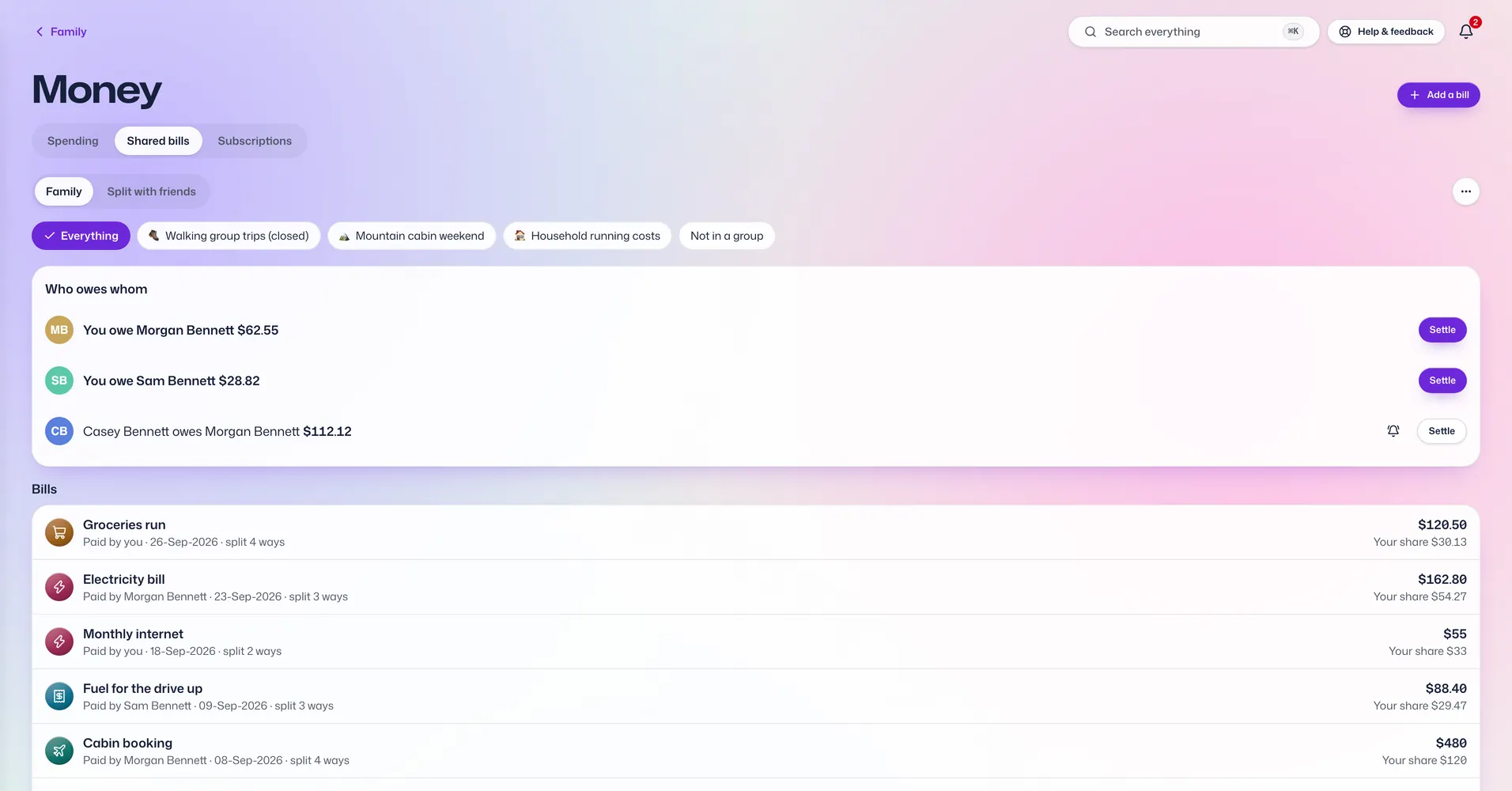 The Shared bills app in Vault For Us, screenshotted from the demo family.