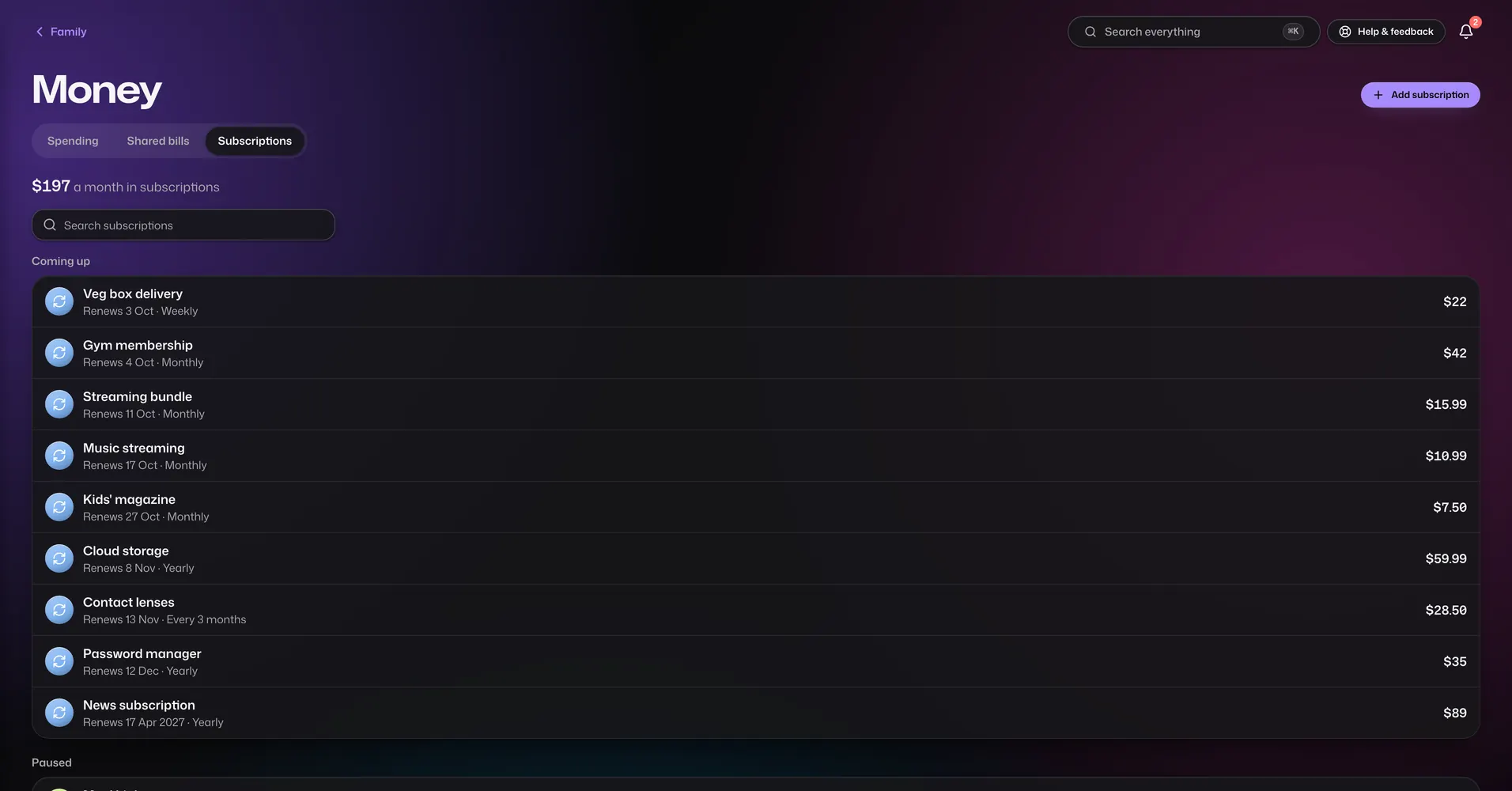 The Subscriptions app in Vault For Us, screenshotted from the demo family.