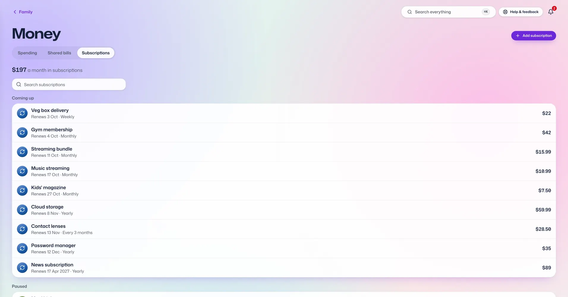 The Subscriptions app in Vault For Us, screenshotted from the demo family.