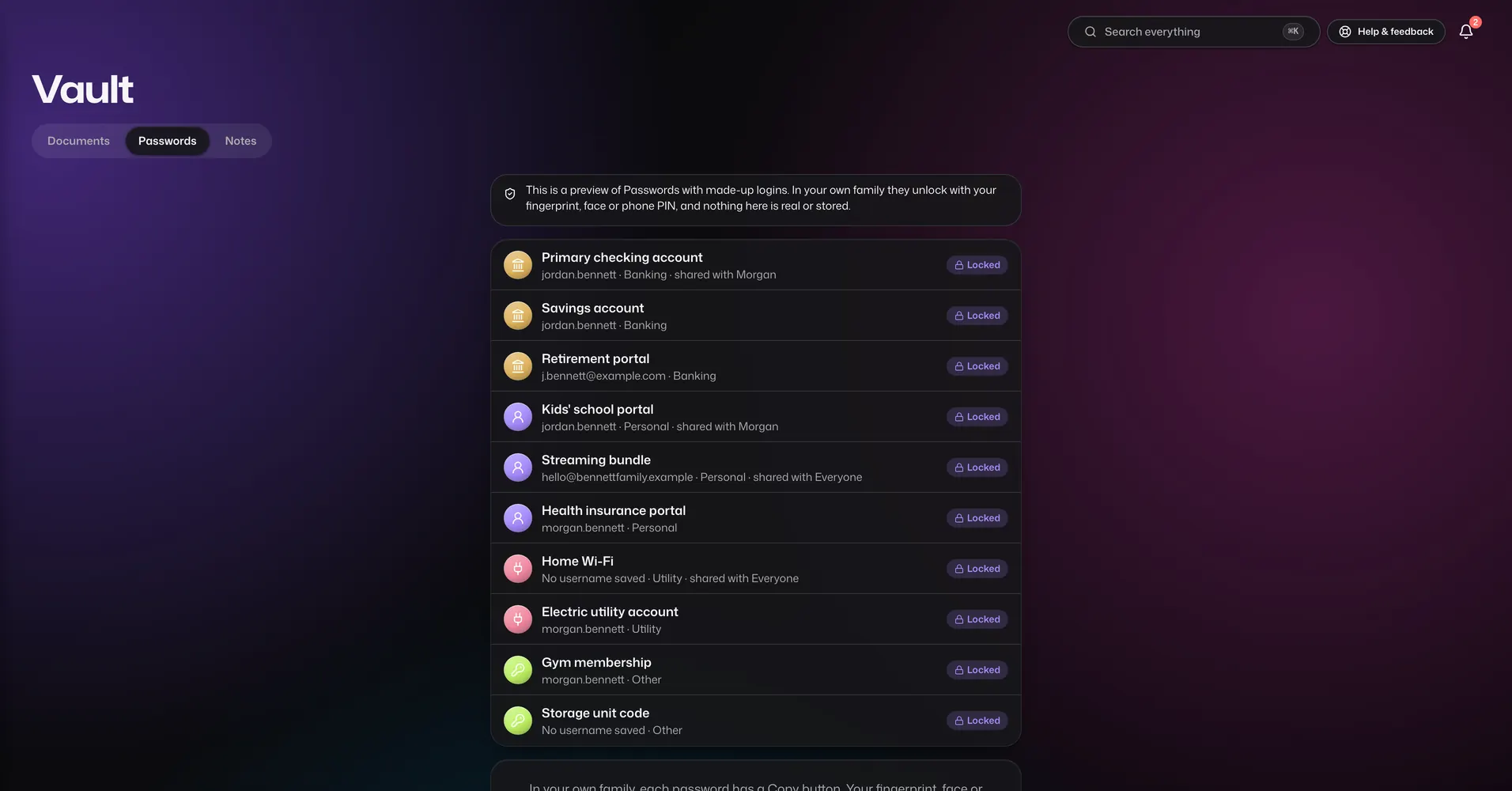 The Passwords app in Vault For Us, screenshotted from the demo family.