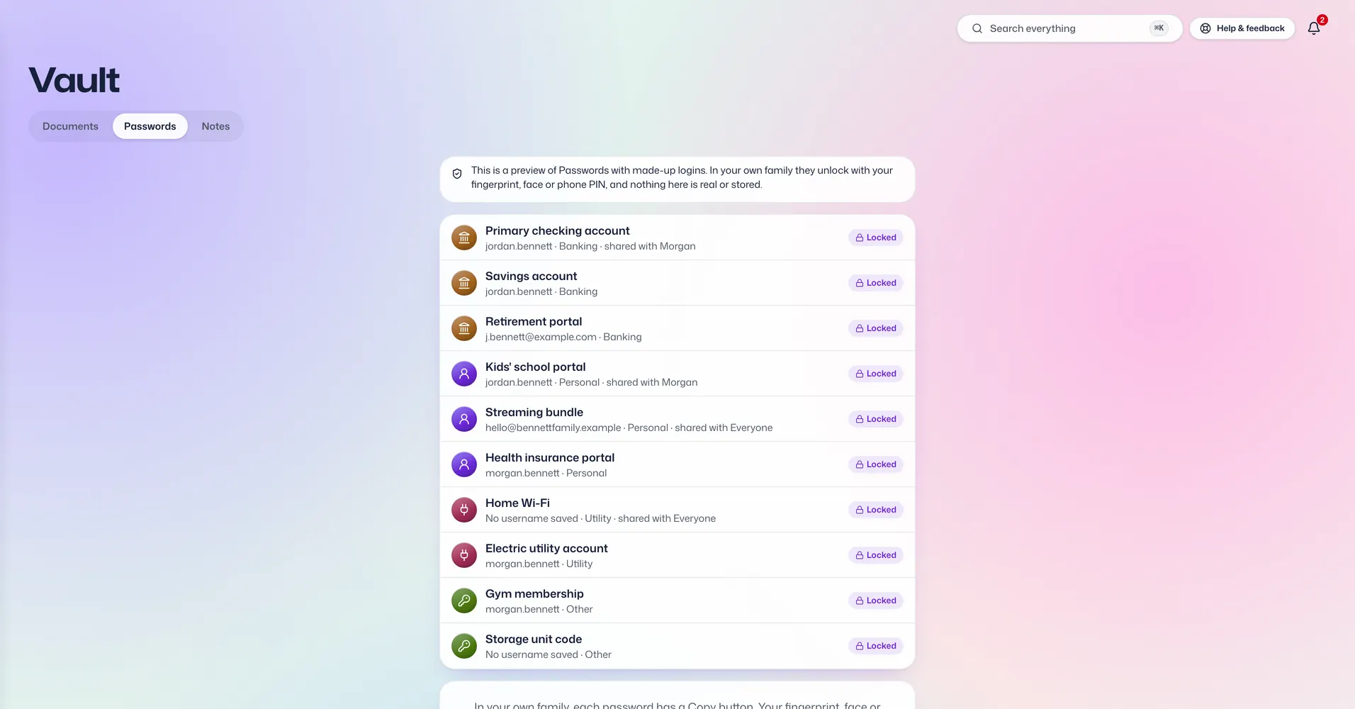 The Passwords app in Vault For Us, screenshotted from the demo family.