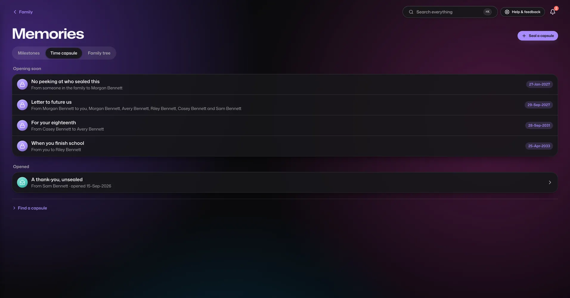 The Time Capsule app in Vault For Us, screenshotted from the demo family.