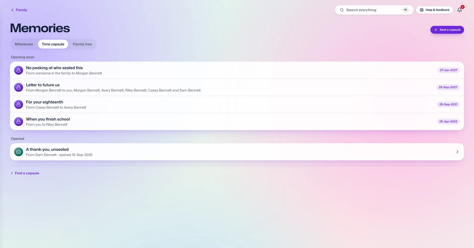 The Time Capsule app in Vault For Us, screenshotted from the demo family.