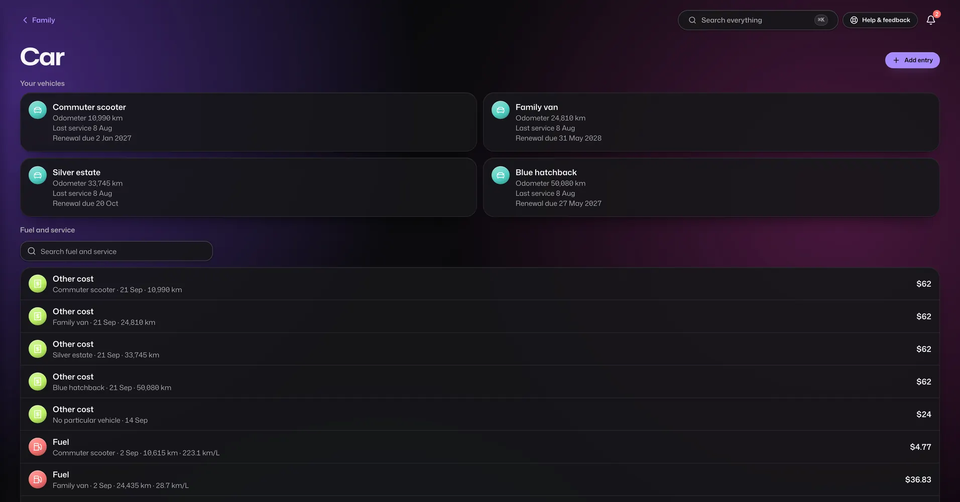 The Vehicles app in Vault For Us, screenshotted from the demo family.