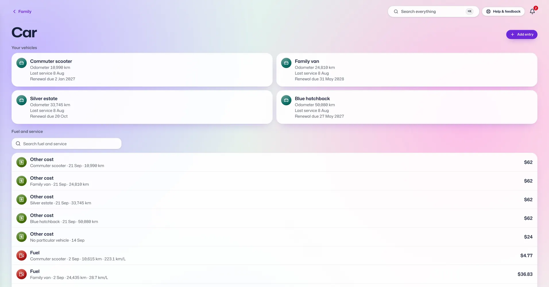 The Vehicles app in Vault For Us, screenshotted from the demo family.